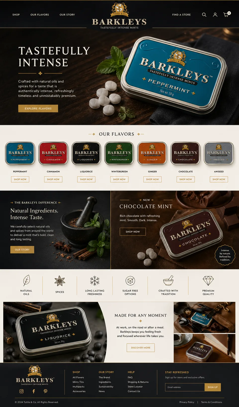 Full Barkleys premium mint website concept with hero, flavor row, ingredient story, proof icons, product moments, and footer