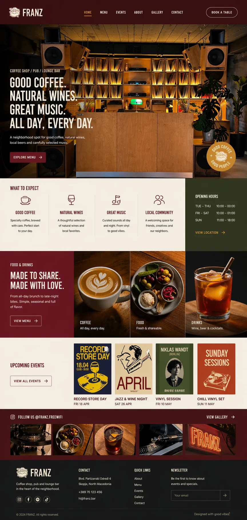 Full Franz coffee shop pub and lounge bar website concept with hero, expectations, menu blocks, events, gallery, and footer