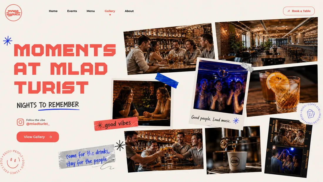 Mlad Turist gallery page concept titled 'Moments at Mlad Turist, Nights to Remember' with a polaroid collage of the crowd, an Instagram handle, and a View Gallery button