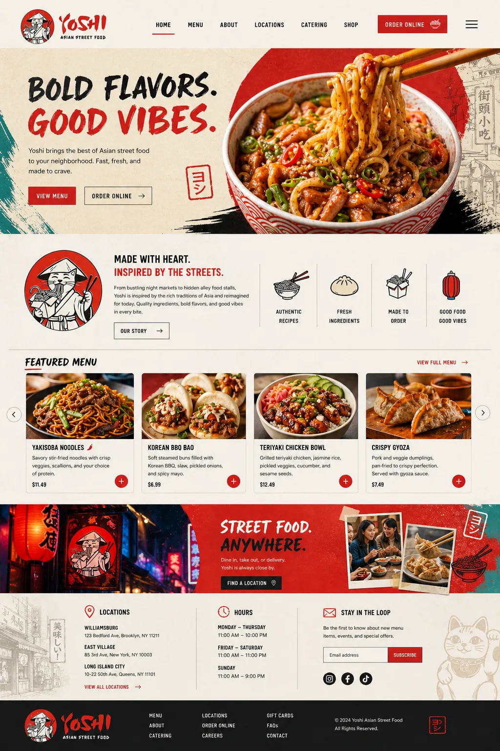 Full Yoshi Asian Street Food homepage design showing hero, story, featured menu, location banner, hours, newsletter, and footer
