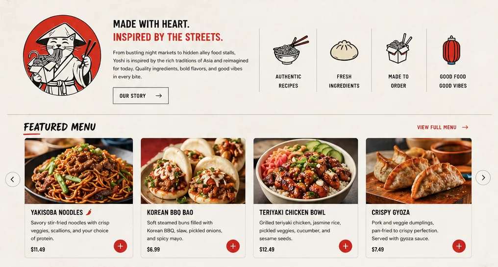 Yoshi website featured menu section with cards for Yakisoba Noodles, Korean BBQ Bao, Teriyaki Chicken Bowl, and Crispy Gyoza